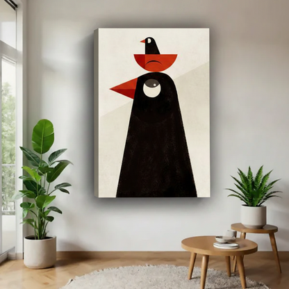 Frameless gallery-wrap canvas of an abstract geometric crow with red and black shapes, hung between tropical plants in a modern Scandinavian living room