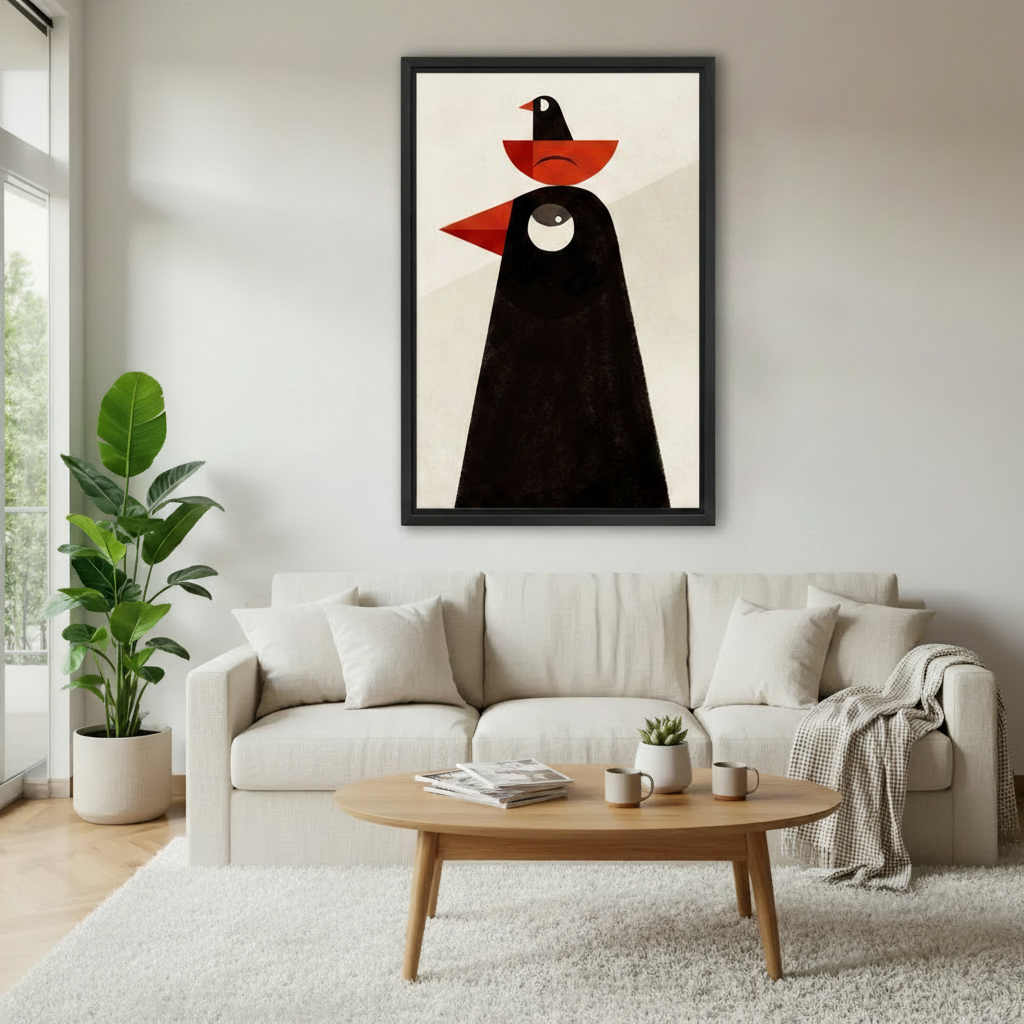 Abstract geometric crow wall art in black frame featuring bold red and black shapes with a small bird on top, displayed above a white sofa in a minimalist living room