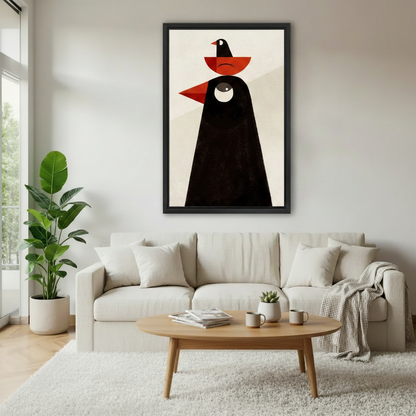 Abstract geometric crow wall art in black frame featuring bold red and black shapes with a small bird on top, displayed above a white sofa in a minimalist living room