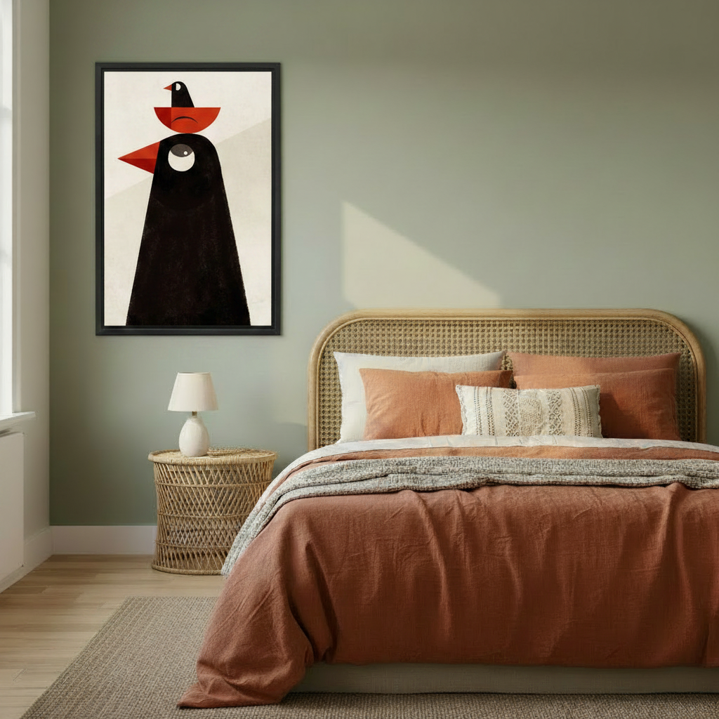 Black framed abstract crow art print with geometric red and black forms hung on a sage green bedroom wall beside a rattan bed with terracotta bedding