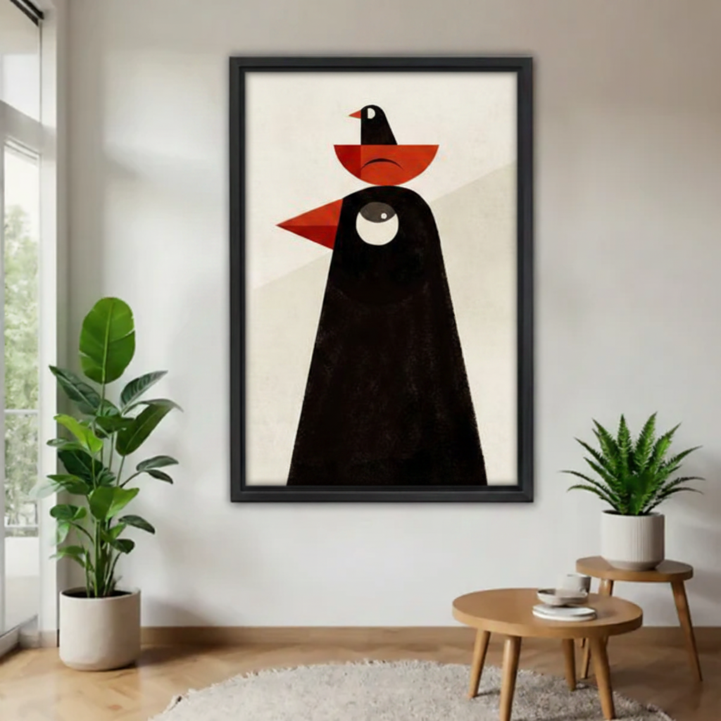 Minimalist abstract crow canvas in black frame displayed between two potted plants in a bright hallway, featuring bold geometric bird shapes in red and black