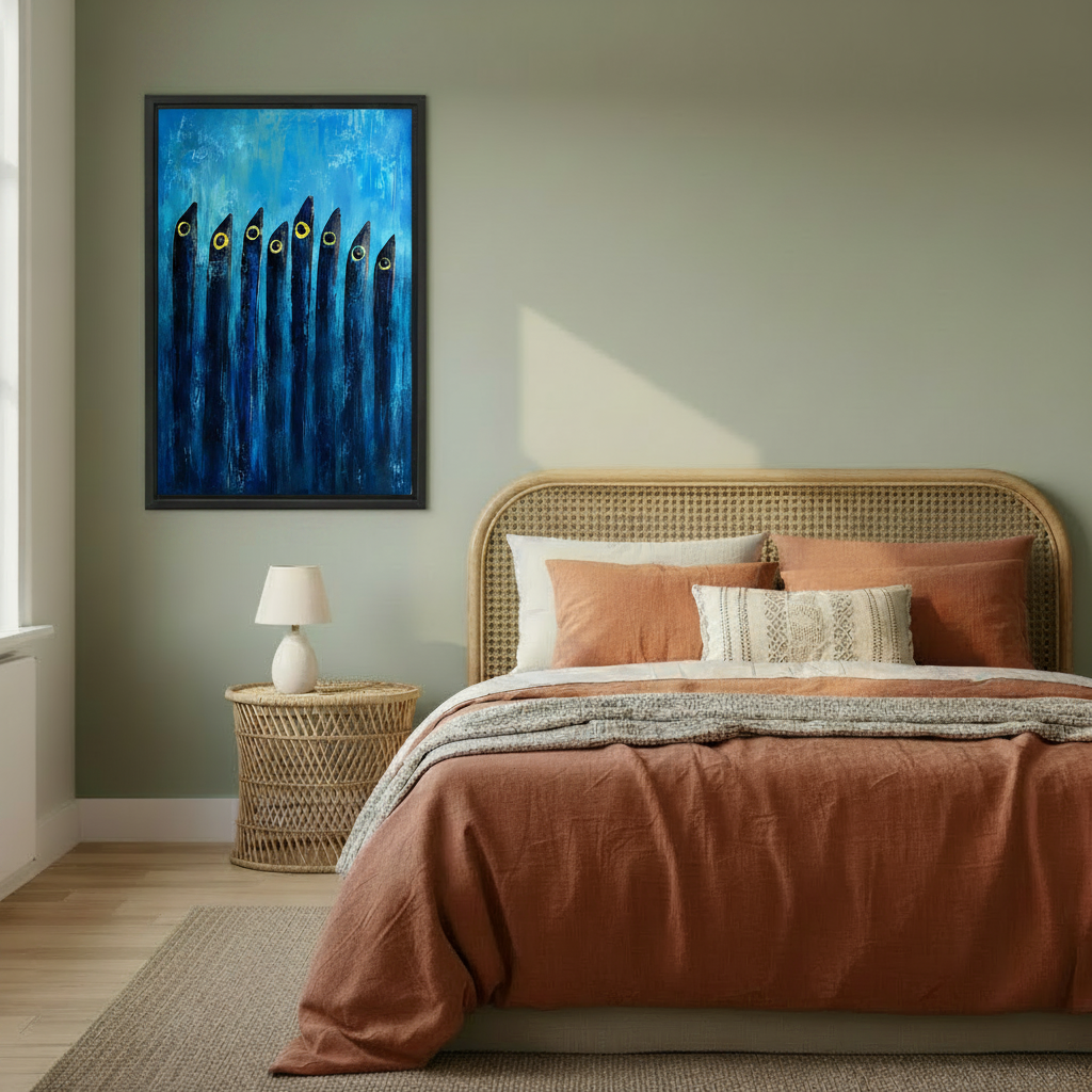 Abstract deep blue fish school canvas wall art in cozy bedroom – contemporary ocean-inspired blue print home decor