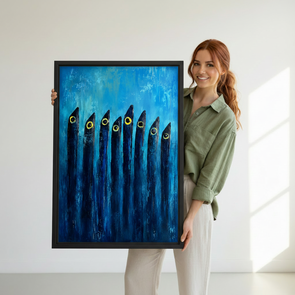 Woman holding abstract deep blue fish school framed canvas wall art – bold ocean-inspired print with golden eyes