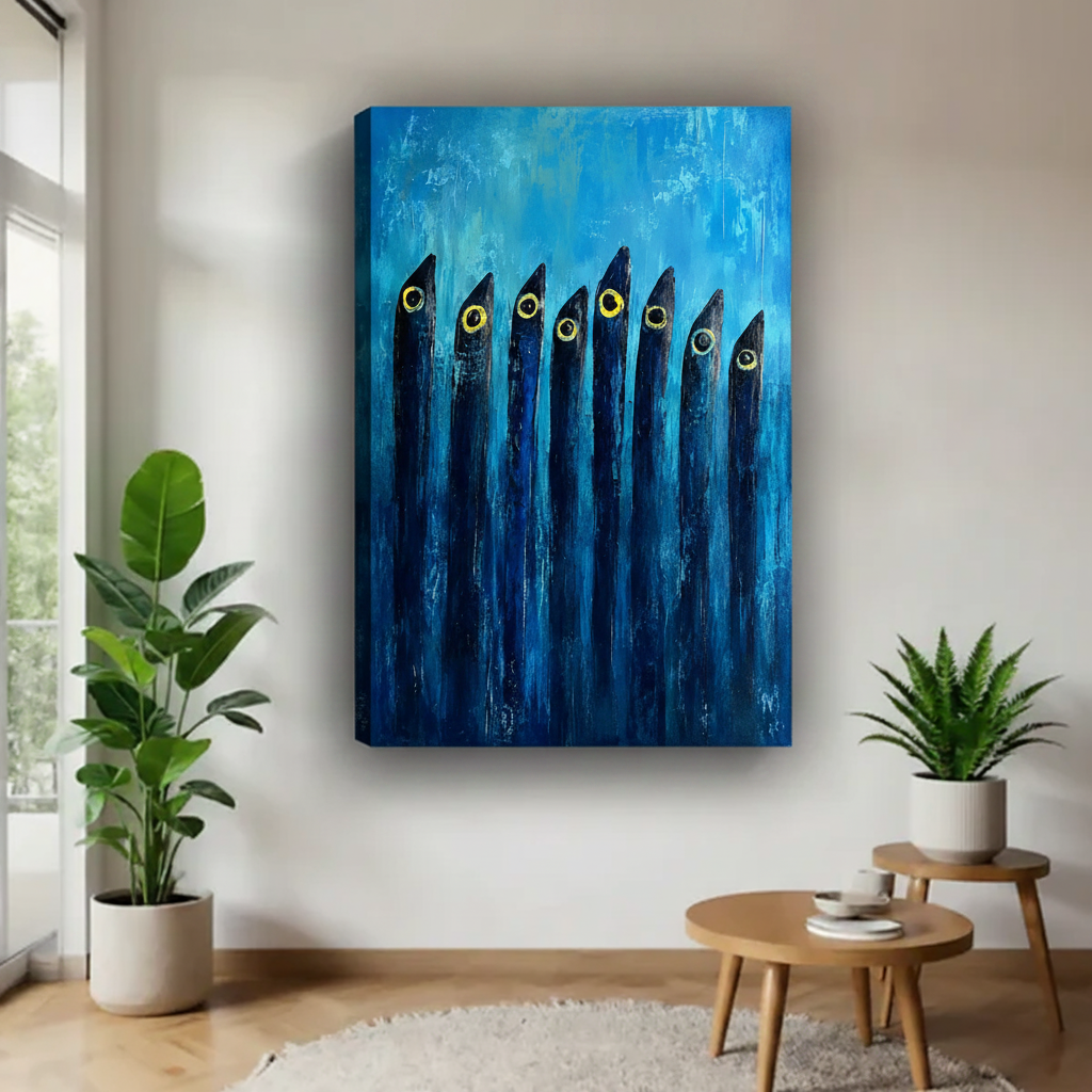 Abstract deep blue fish school canvas art print unframed – contemporary ocean-inspired wall decor with golden eyes
