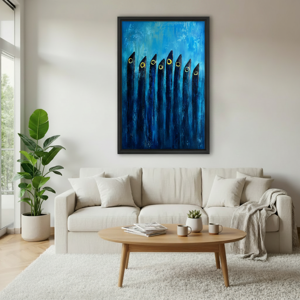 Abstract deep blue fish school framed canvas wall art in modern living room – bold ocean-inspired home decor print