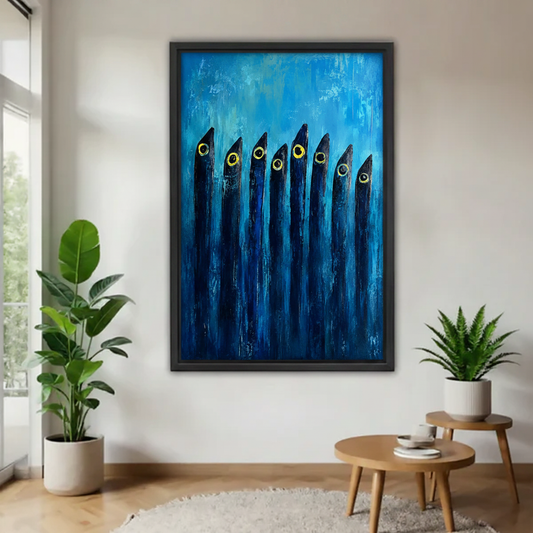 Abstract deep blue fish school framed canvas wall art – bold ocean-inspired print with golden eyes on blue background