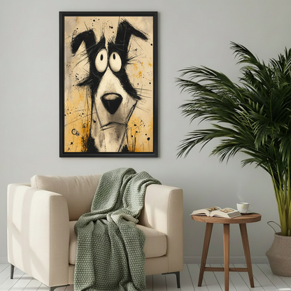 Abstract black and white dog canvas wall art displayed above a navy sofa in a modern living room