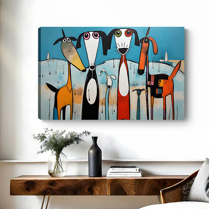 Abstract colorful dog group canvas art print hung above a wooden console table in a bright contemporary space