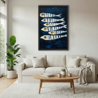 Woman sitting on beige linen sofa beneath large framed navy blue canvas of six white striped fish with yellow eyes in a Scandinavian-style living room