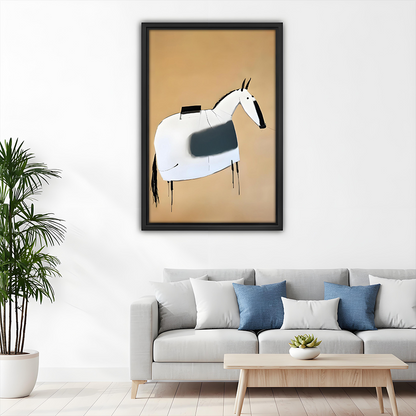 Woman holding large abstract horse framed print for size reference