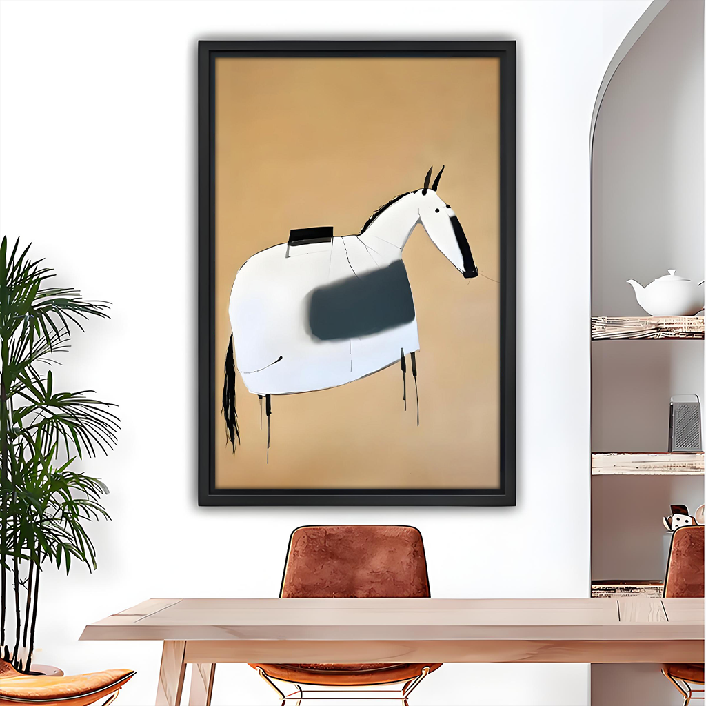 Abstract white horse wall art on canvas displayed in modern dining room