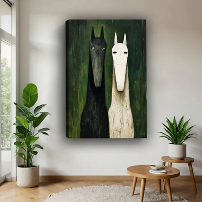 Unframed canvas print of two stylized horses in black and cream tones against a dark green textured background