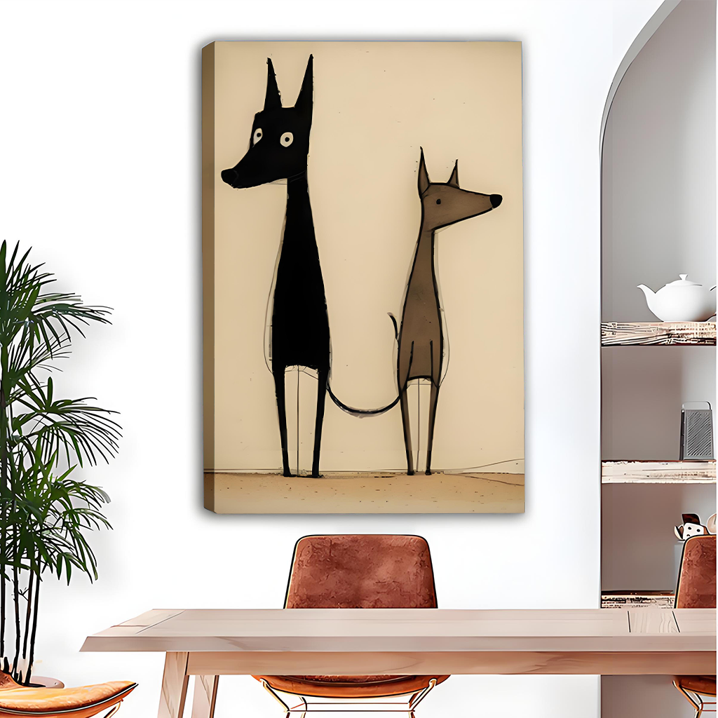 Abstract minimalist two dogs canvas print wall art mounted beside an arched alcove shelf
