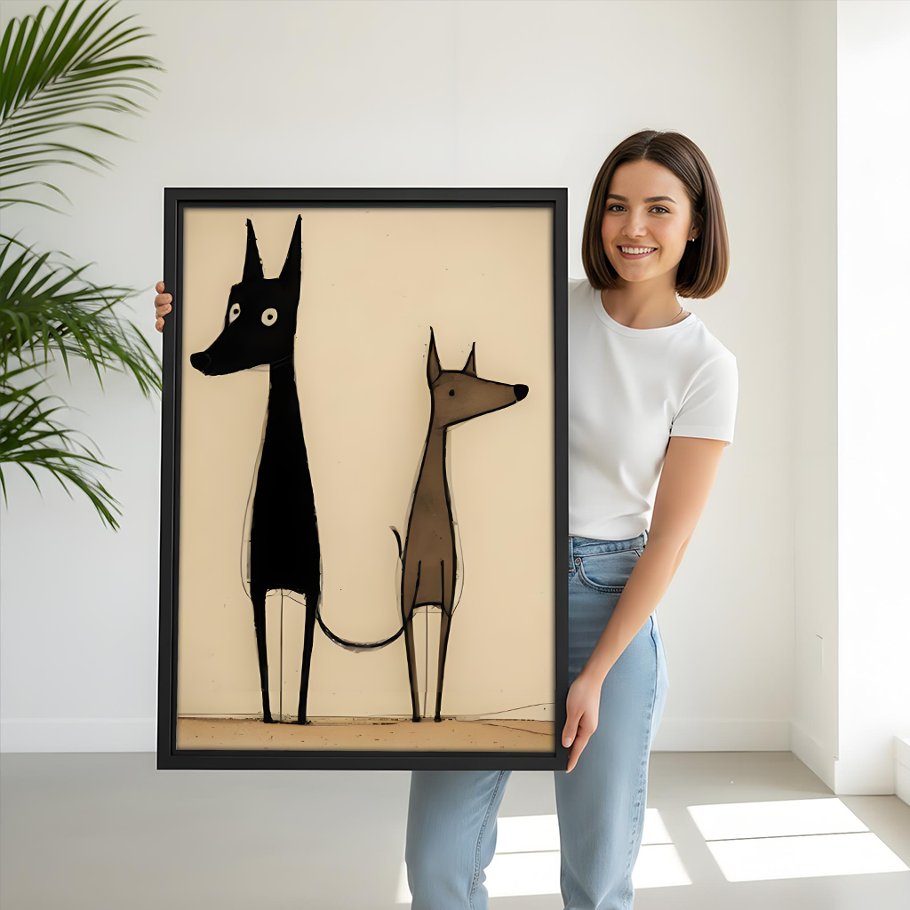 Woman holding a framed abstract minimalist two dogs wall art print for size