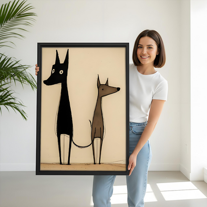 Woman holding a framed abstract minimalist two dogs wall art print for size