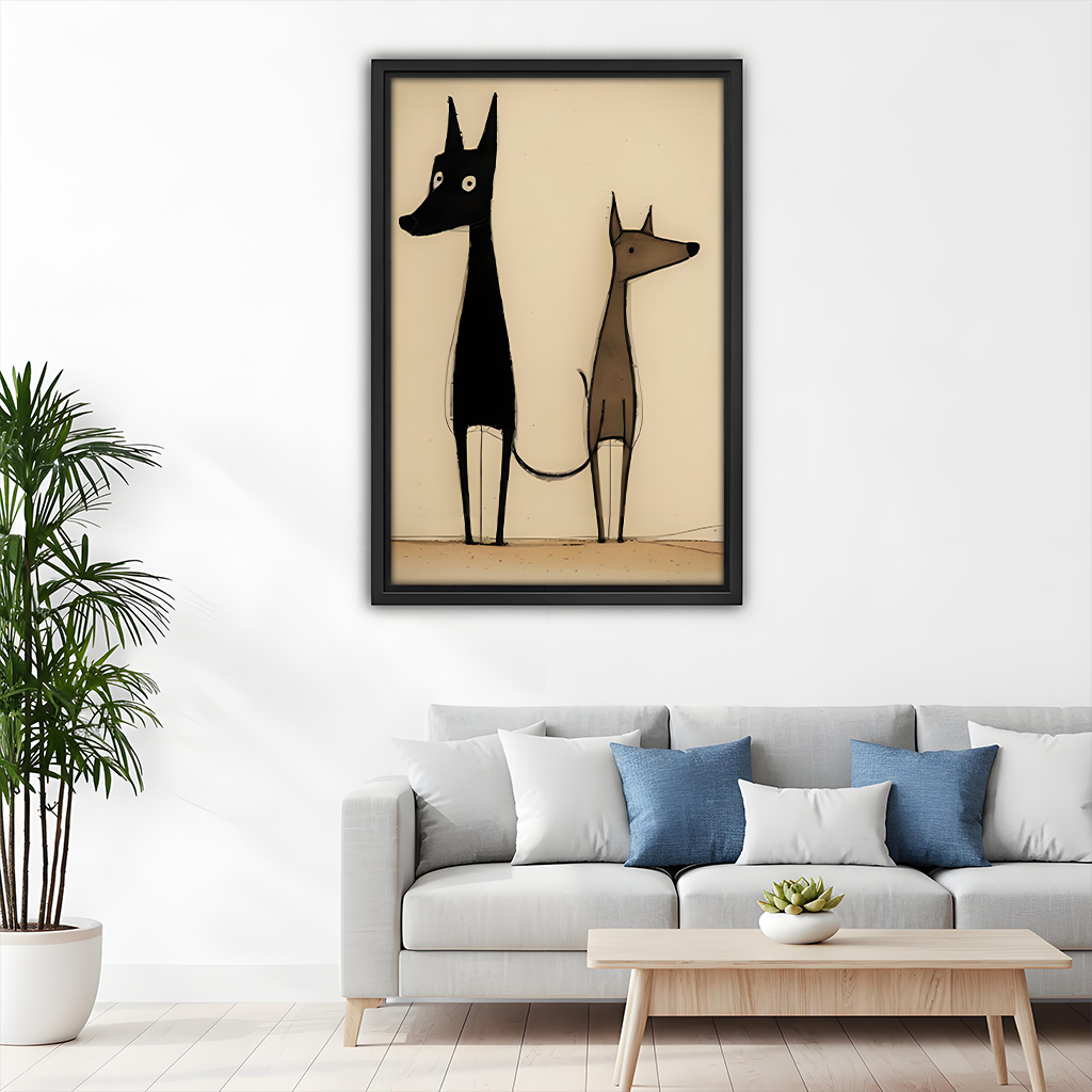 Framed abstract minimalist two dogs wall art decorating a living room above a grey sofa