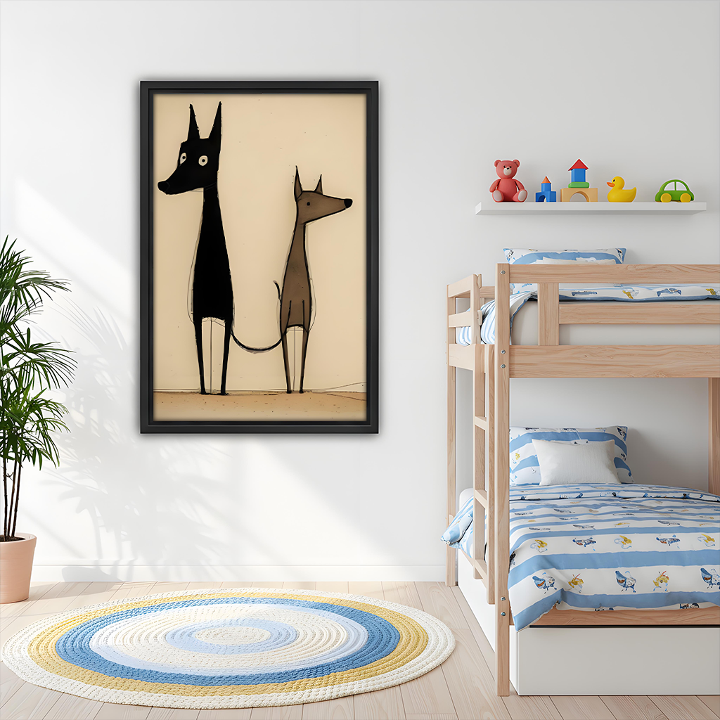 Abstract minimalist two dogs wall art hanging in a children's bedroom above a bunk bed