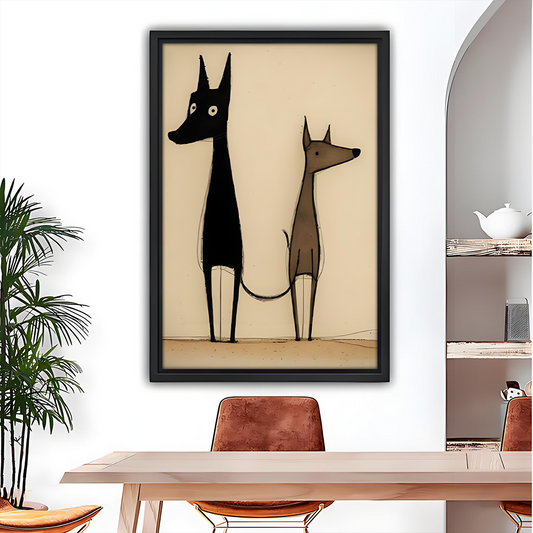 Abstract minimalist two dogs wall art in black frame above a wooden dining table
