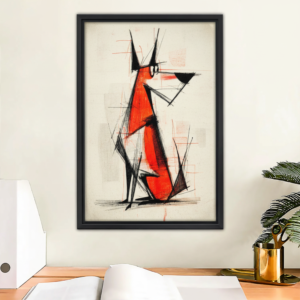 Abstract Red Dog Geometric Sketch Framed Canvas Wall Art|Liberty Signs #L1676