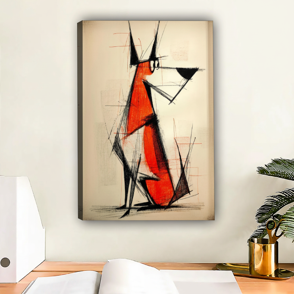 Abstract Red Dog Geometric Sketch Framed Canvas Wall Art|Liberty Signs #L1676