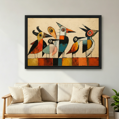 Abstract colorful birds canvas wall art hung above bed in stylish bedroom, cubist geometric bird print, bold eclectic room decor