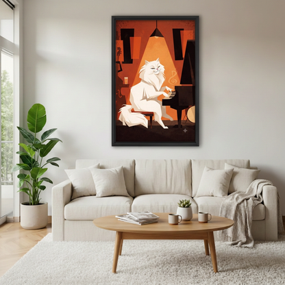 Retro White Cat Playing Piano Canvas Wall Art | Framed & Unframed l4809