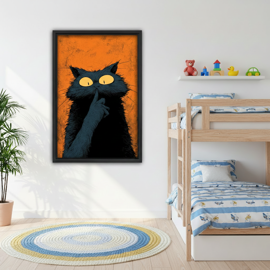 Funny shushing black cat pop art canvas wall art above grey sofa, black frame, bold quirky cat illustration on orange background, modern living room decor