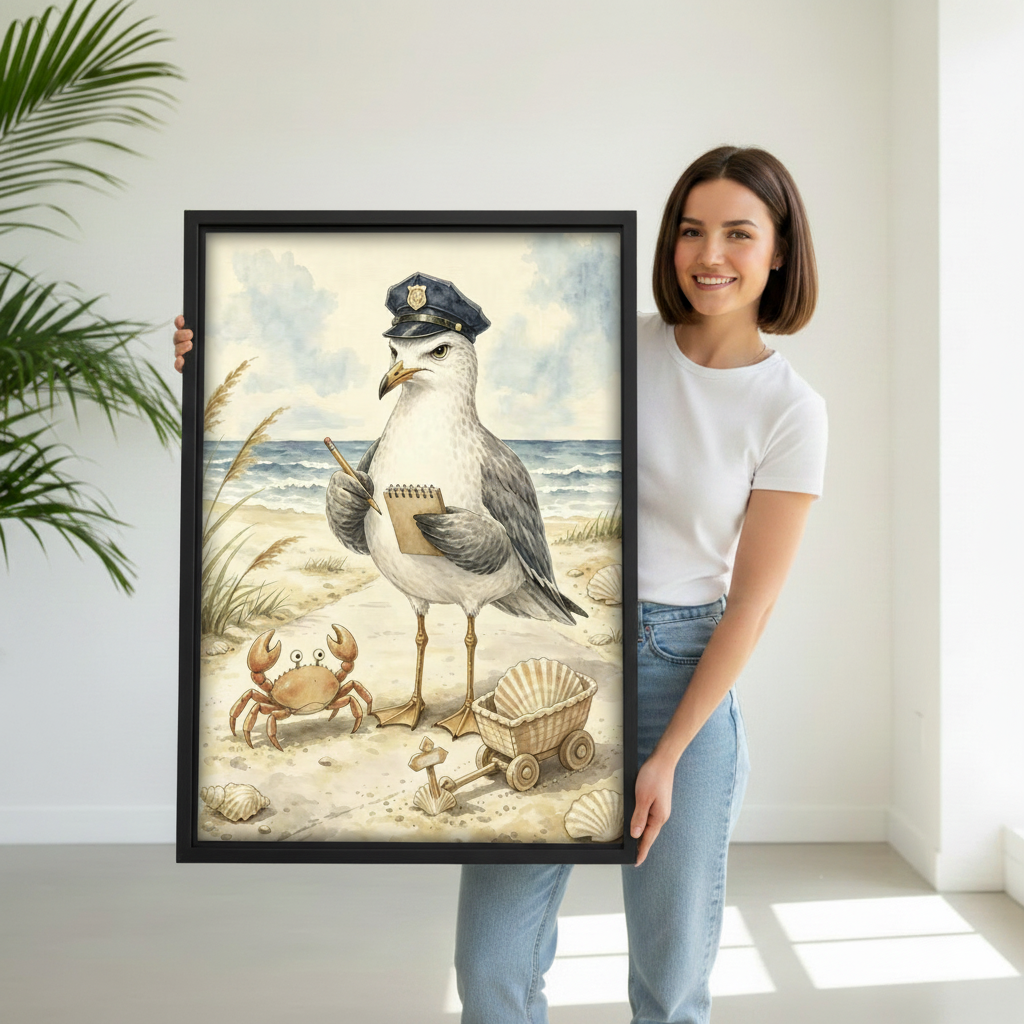 Woman holding funny seagull police beach watercolor wall art print, humorous bird illustration, perfect coastal home decor gift