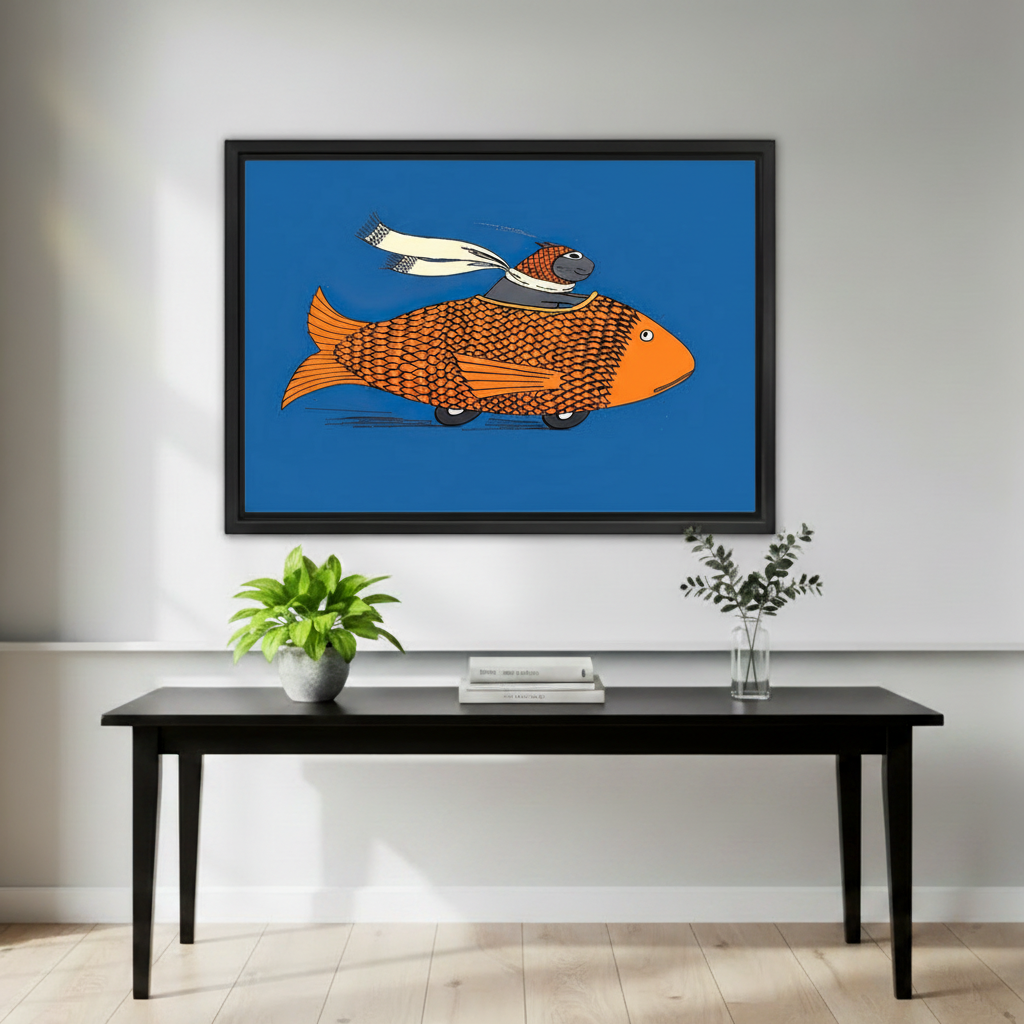 Funny cat goldfish car canvas wall art above console table living room blue decor