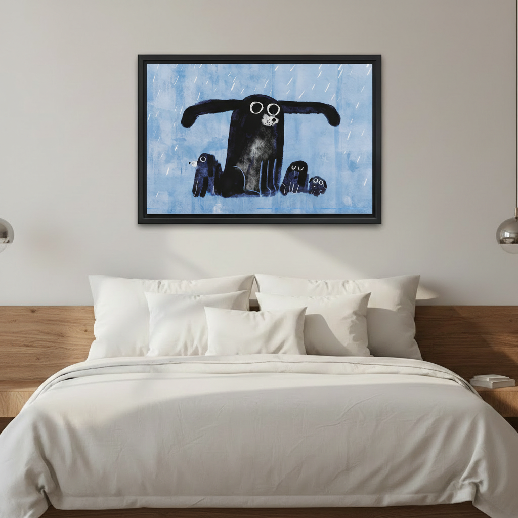 Heartwarming dog family in rain framed canvas art — emotional dog sheltering puppies print perfect for dog lover gift