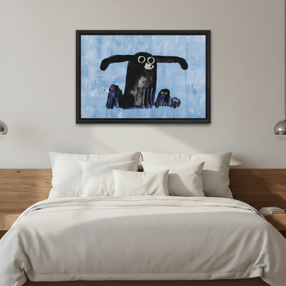 Heartwarming dog family in rain framed canvas art — emotional dog sheltering puppies print perfect for dog lover gift