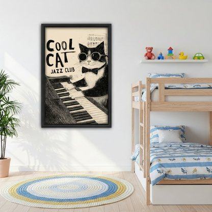 Vintage jazz cat playing piano canvas print in cozy bedroom, Cool Cat Jazz Club retro wall art for music lovers