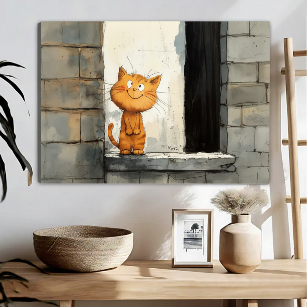 Funny Orange Cat Canvas Wall Art - Cute Tabby Cat Illustration on Canvas