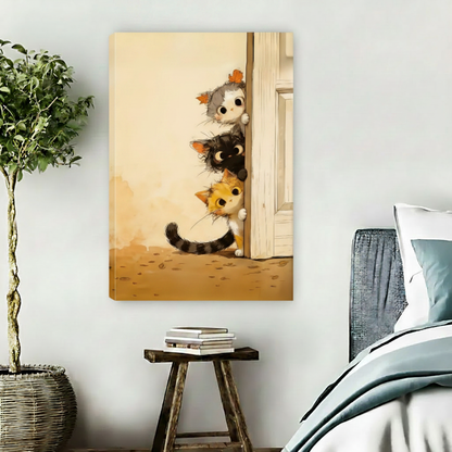 Whimsical peeking cats frameless canvas wall art, three cartoon cats stacked behind door, gallery wrap print for kids room