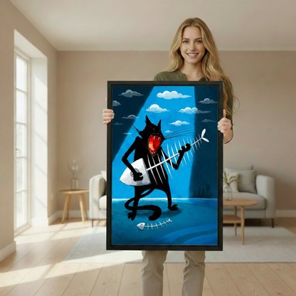 Quirky black cat rock star fish bone guitar gallery wrap canvas art, blue comic style wall decor