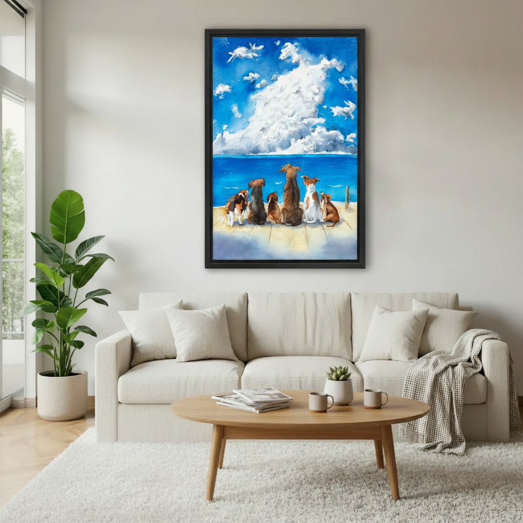 Dogs on dock ocean view watercolor framed canvas print in cozy bedroom with sage green walls — dog lover wall art