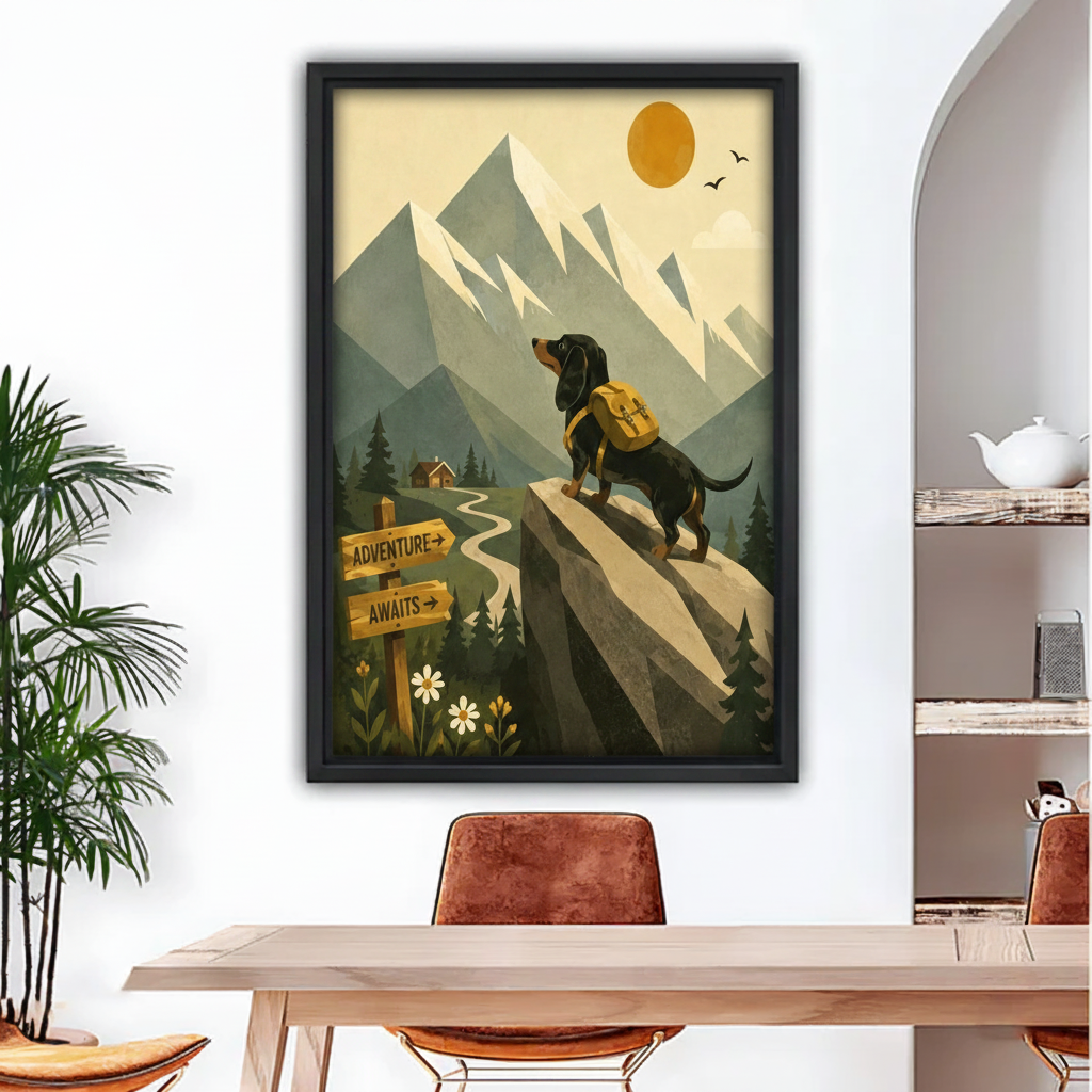 adventure awaits dachshund mountain canvas wall art in black float frame above dining table