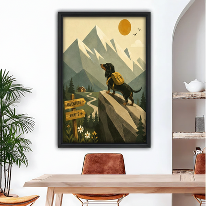 adventure awaits dachshund mountain canvas wall art in black float frame above dining table