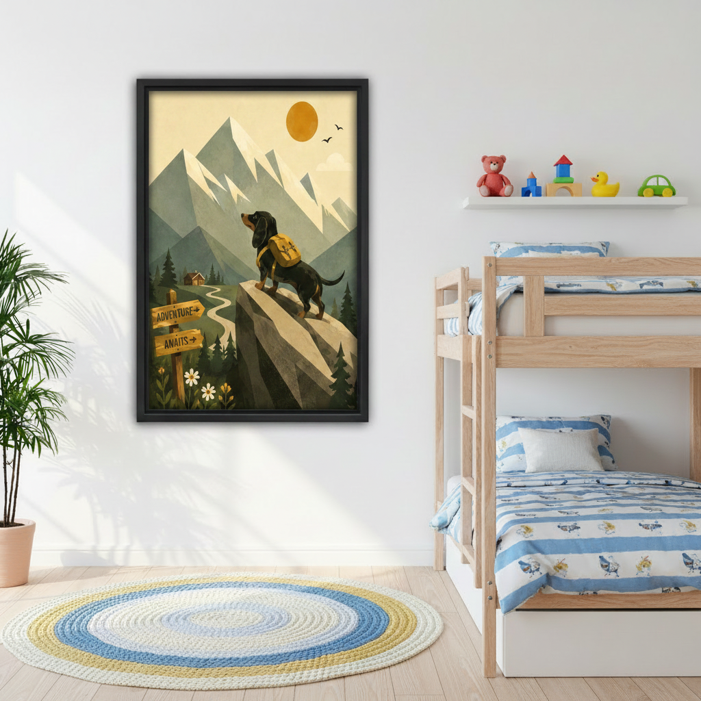 adventure awaits dachshund mountain framed canvas wall art in black float frame above kids bunk bed