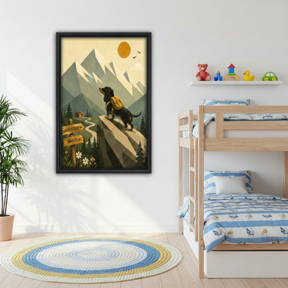 adventure awaits dachshund mountain framed canvas wall art in black float frame above kids bunk bed