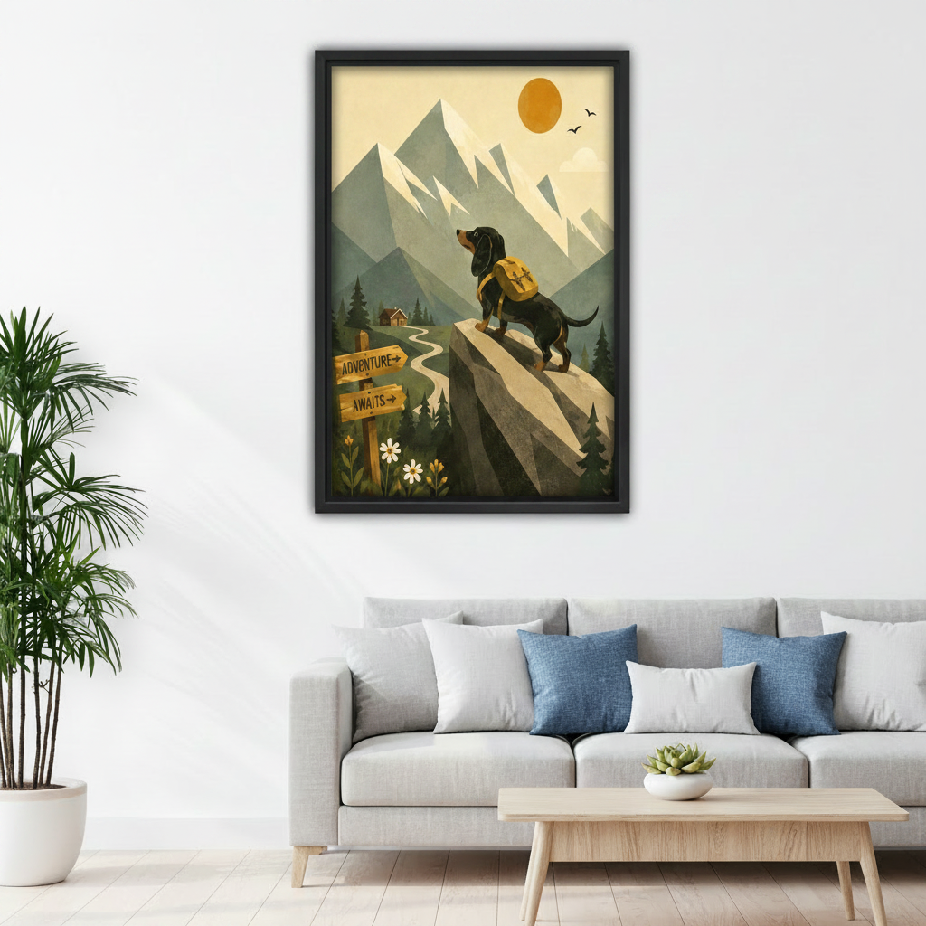 adventure awaits dachshund mountain canvas wall art in black float frame above gray living room sofa
