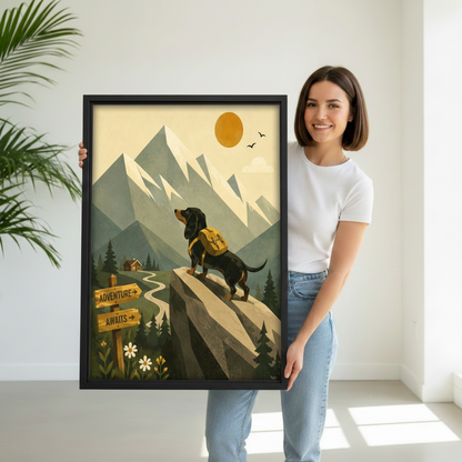 woman holding large adventure awaits dachshund mountain framed canvas wall art print