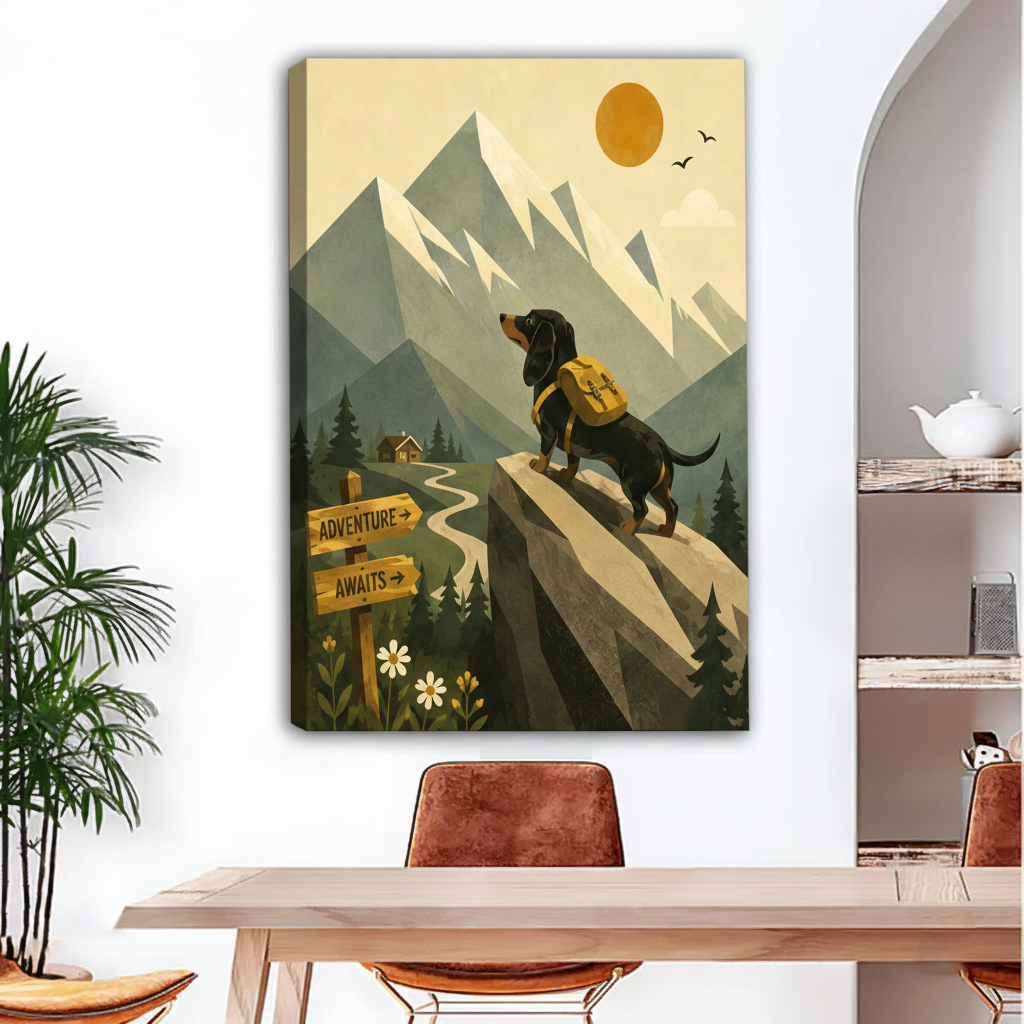 adventure awaits dachshund mountain gallery wrap canvas wall art above wooden dining table