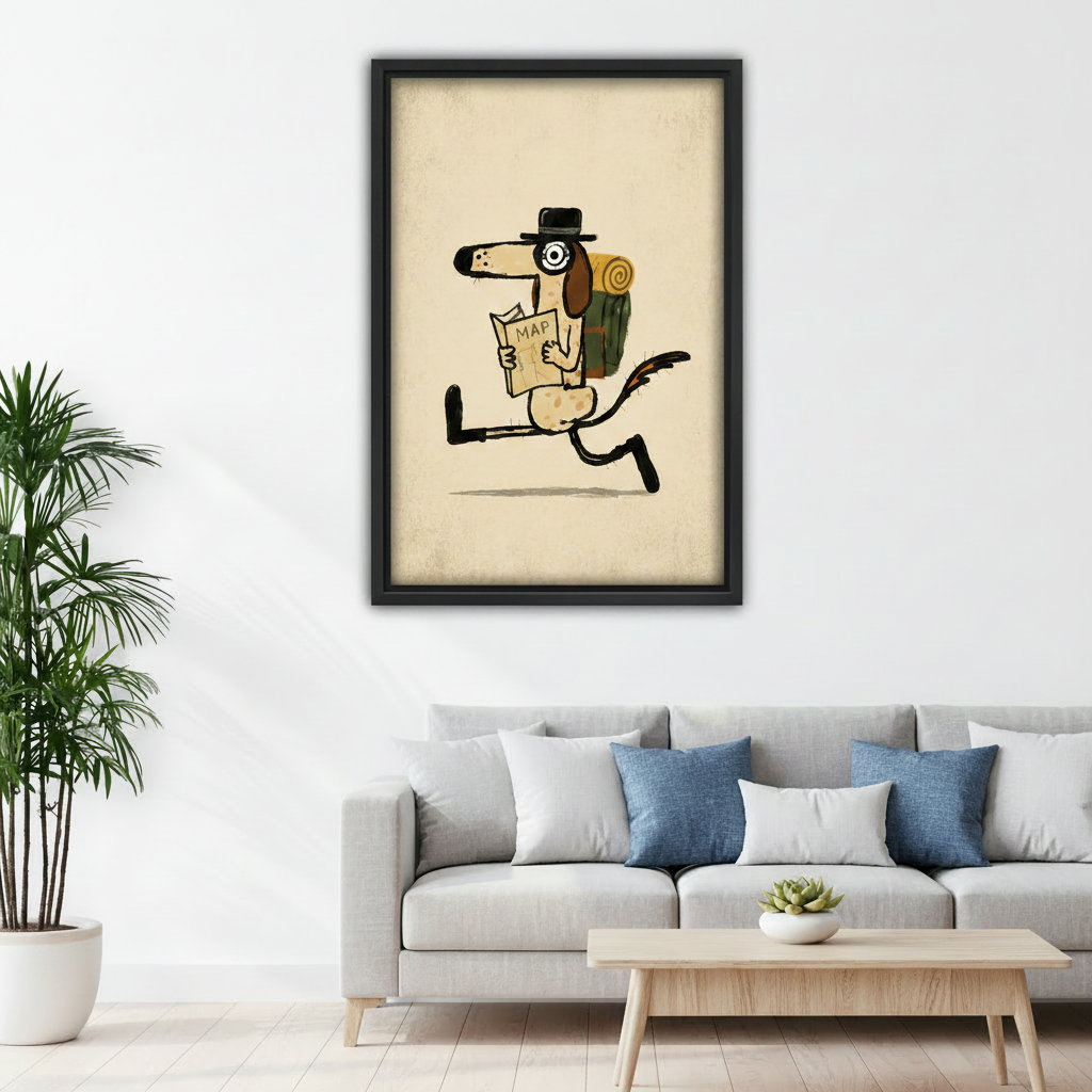 Adventure dog canvas wall art in black float frame on white wall in modern bedroom with neutral linen bedding and wooden nightstand