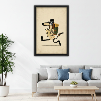 Adventure dog canvas wall art in black float frame on white wall in modern bedroom with neutral linen bedding and wooden nightstand