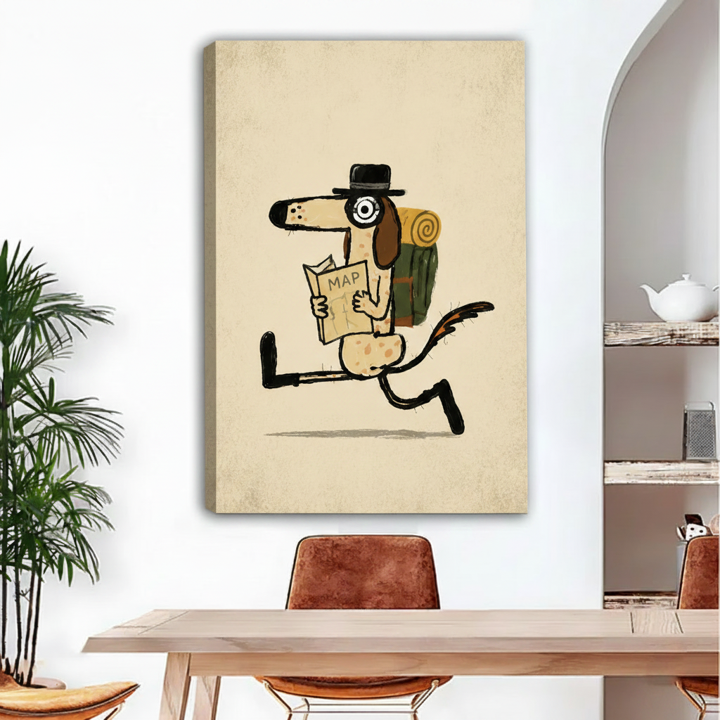 Adventure dog canvas wall art as gallery wrap on white wall above modern dining table with leather chairs and palm plant