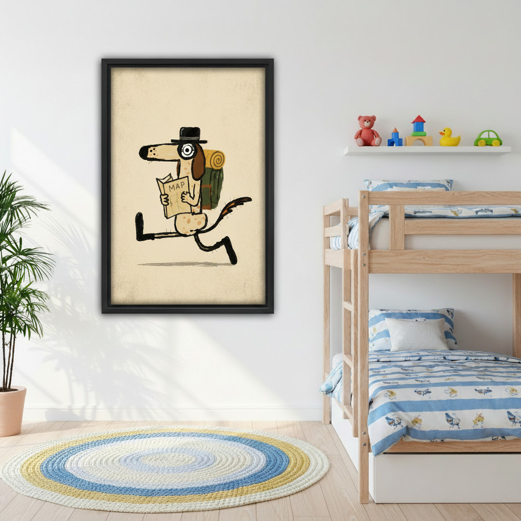 Adventure dog canvas wall art in black frame above grey sofa with cushions in bright Scandinavian living room