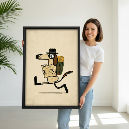 Woman holding adventure dog canvas wall art in black float frame in bright white studio with green palm plant