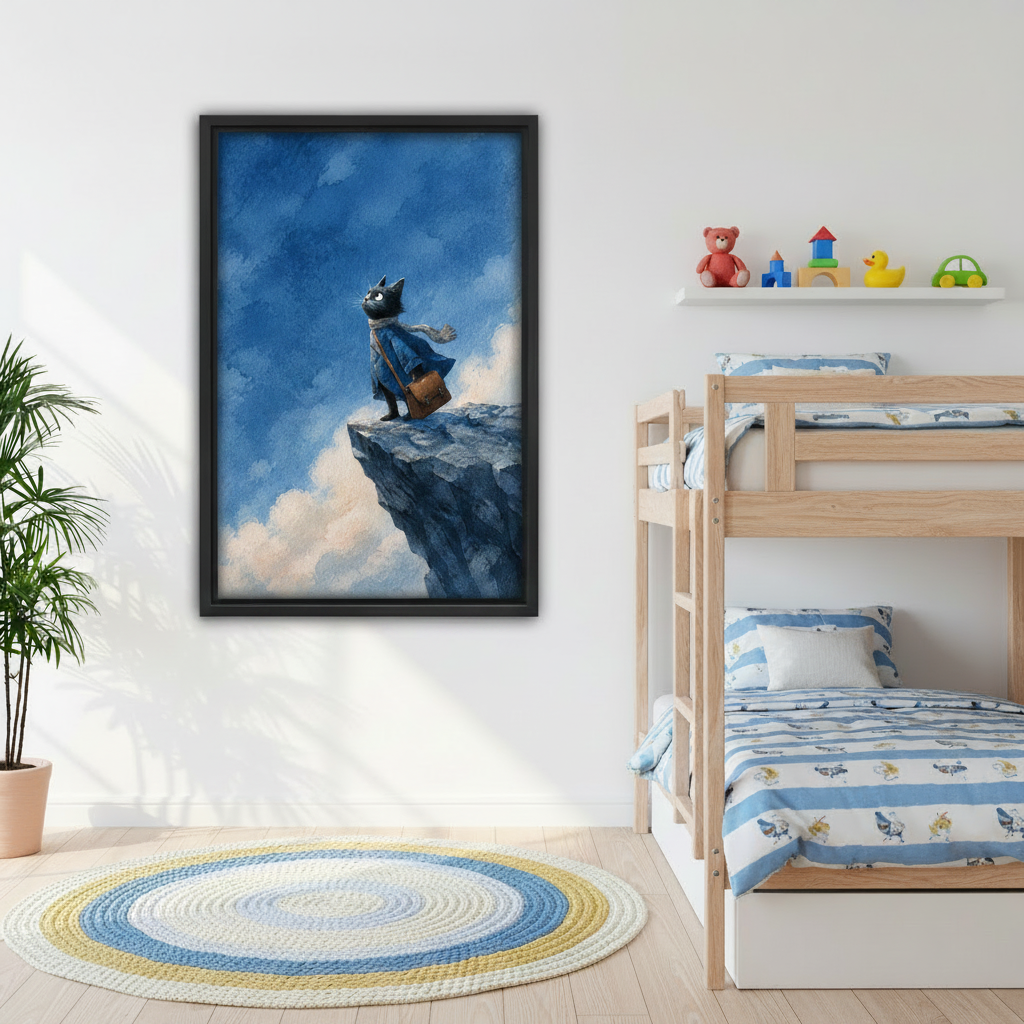 Painterly black cat adventurer canvas wall art in black frame above a bed with white bedding in a cozy bedroom