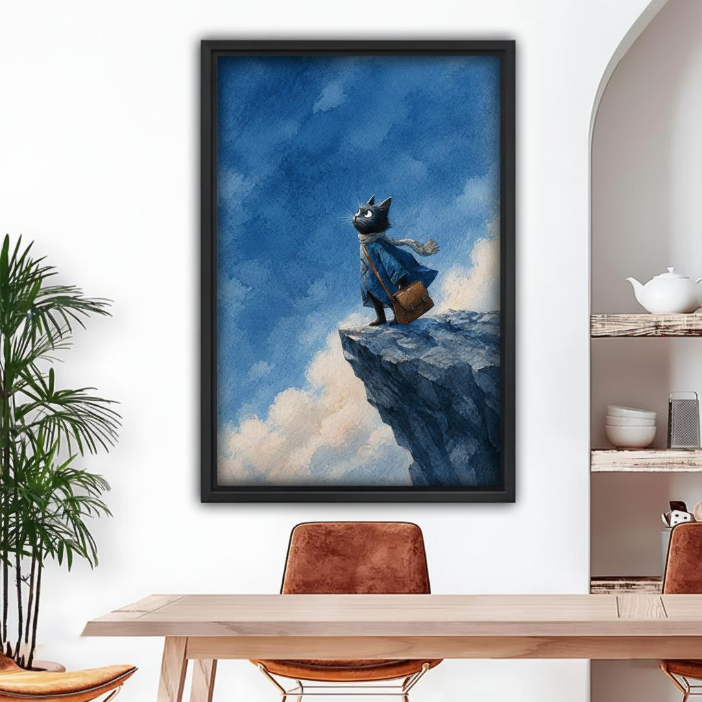 Black framed watercolor adventurous cat on cliff canvas wall art in a bright dining room with arched doorway